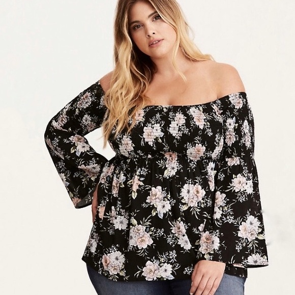 torrid Tops - Torrid Floral Smocked Challis Off Shoulder Blouse
